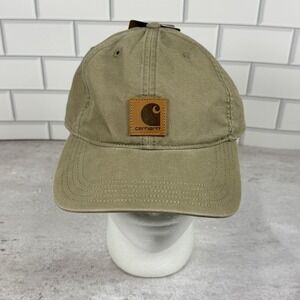 CARHARTT Six Panel Cap Hat Khaki Canvas Leather Patch Work‎ OSFM Hook and Loop
